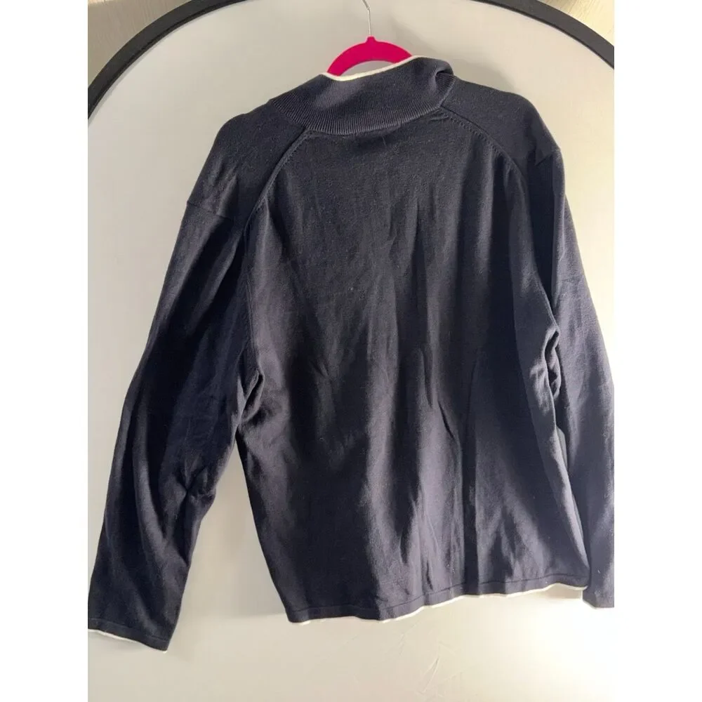 Michael Kors XL Navy Quarter Zip Sweater White Trim Preppy Country Club